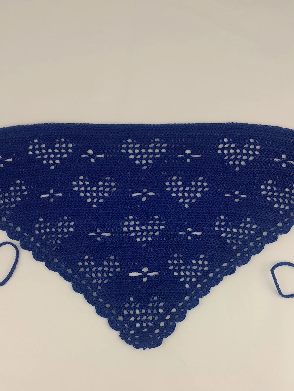 Handcrafted Soft Royal Blue Crocheted Heart Filet Head Bandana Kerchief Tie Back